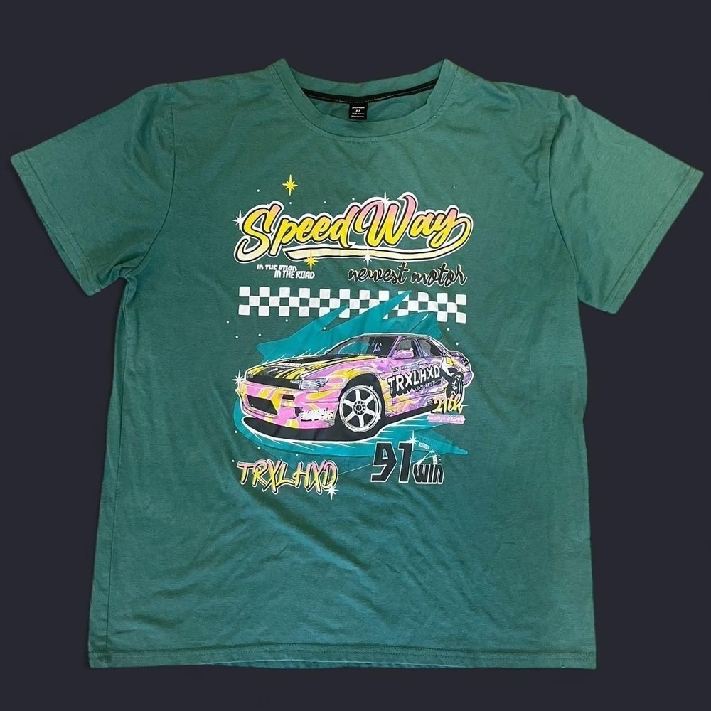 Romwe Speed Way Racing Car Graphic T-Shirt, Green, Men's Size M -‎ Y2K Style